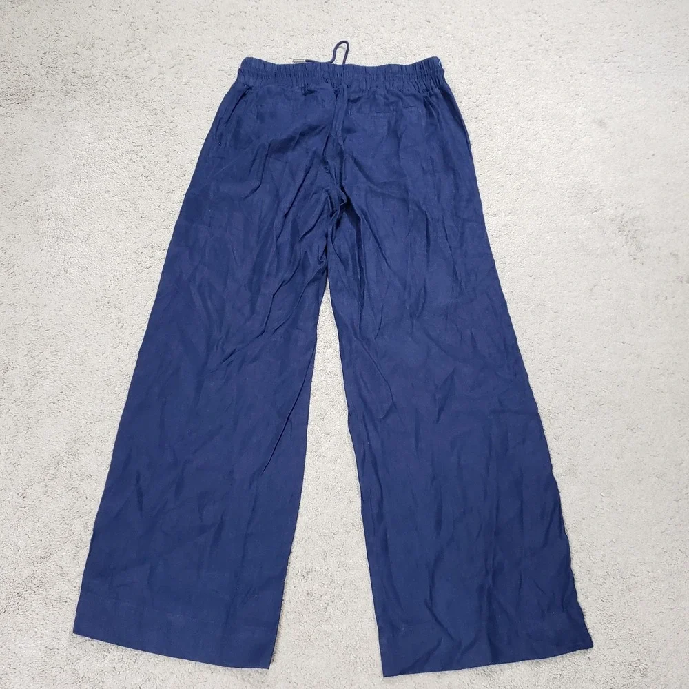 NWT Quince 100% European Linen High Rise Wide Leg Pants M Blue Drawstring Pckets